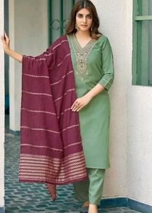 Green Embroidered Kurta Set with maroon dupatta