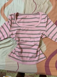 Pink Striped Long Sleeve Crop Top