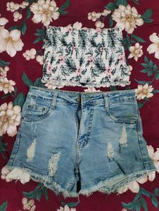 Floral Smocked Tube Top &amp; Distressed Denim Shorts