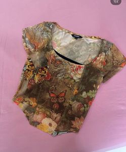 Vintage Floral Butterfly Mesh Top