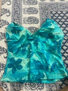 Stylish Teal Floral Halter Top y2k