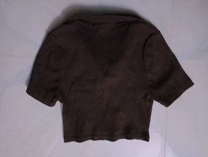 Brown Ribbed Cropped Polo Top