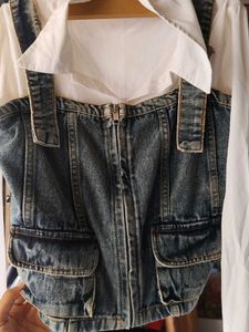 denim corset with white crop shirt