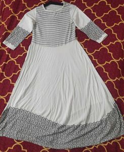 Elegant White Anarkali Kurti with Black Print