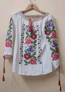 Embroidered White Blouse with Floral Design