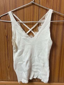 White Ribbed Crop Top with Lace Detail
