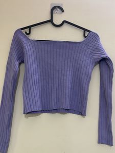 Purple Off-Shoulder Ribbed Sweater