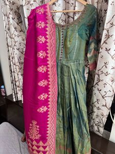 Elegant Green Ethnic Gown with Pink Dupatta