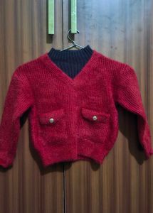 Red Knit Sweater with Pockets