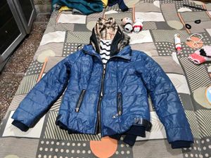 Blue Puffer Jacket with Hood and winter t shirt