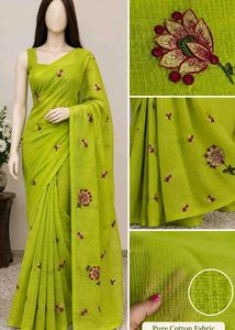 Lime Green Embroidered Cotton Saree