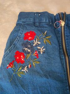 Floral Embroidered Denim Skirt