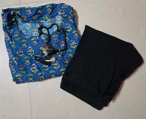 Blue Printed Kurta Set with Black Bottoms