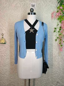 Y2K Cute Blue Ribbed Button-Up Cardigan