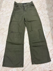 Olive Green Wide Leg Ripped Jeans