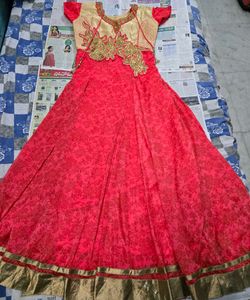 Beautiful Pink &amp; Gold Embroidered Anarkali Gown wi