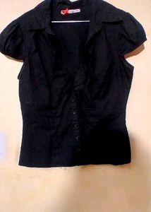 Black Short Sleeve Button-Up Top