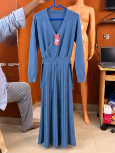 Blue Wrap Pleated Midi Dress