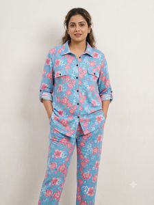 Blue Floral Print Tunic Top pant coord set