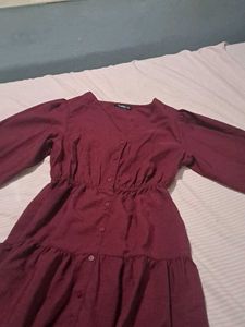 Maroon Tiered Button-Up Midi Dress