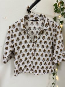 White Printed Cropped Kurta Top