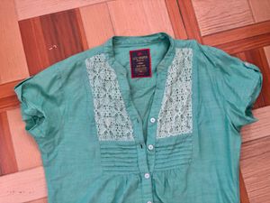 Blue Lace Detail Button-Up Top