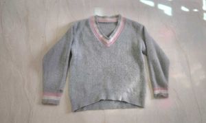 Light Green V-Neck Knit Sweater with Pink Trim