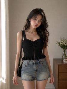 Stylish Black Ruffled Zipper Top