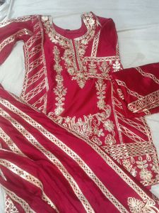 Red Velvet Kurta Set with Golden Embroidery