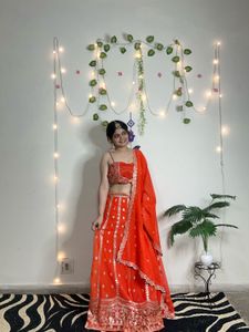Vibrant Orange Sequin Lehenga Choli(semi stitched)