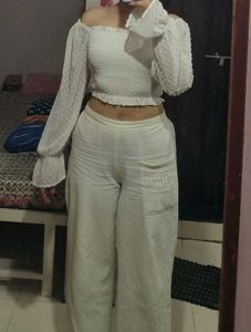 White Off-Shoulder Smocked Crop Top