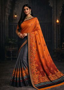 🇳🇿💫🎀Elegant Orange & Grey Embroidered Saree