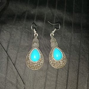 Oxidised Silver Earrings With Blue Stone