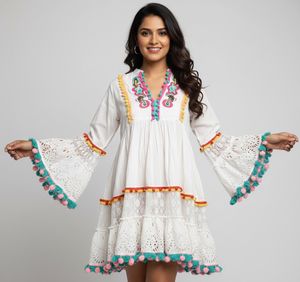 Boho Embroidered White Cotton Tunic Top