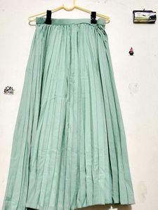 Sea Green Pleated Crepe Flared Skirt