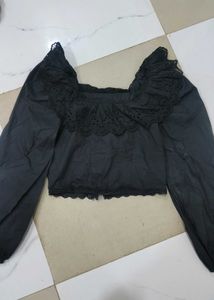Black Off-Shoulder Lace Trim Crop Top