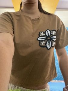 Brown T-shirt with Floral Applique