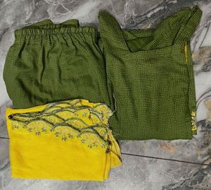 Green Kurta Set with Yellow Dupatta