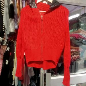 Red Knit Zip-Up Hoodie