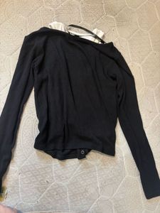 Black Ribbed Cold Shoulder Layered Top for Women