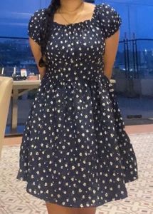 babydoll Navy Floral Smocked Puff Sleeve Dress