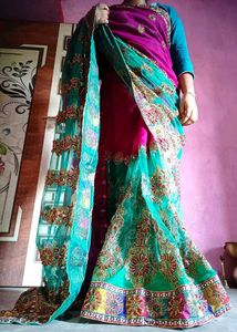 Fancy Teal &amp; Pink Saree with readymade Blouse