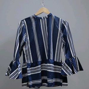 Striped Navy Blue Bell Sleeve Top
