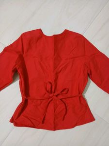 V-Neck Red Flared Sleeve Top