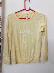 Yellow "Life" Feather Print Long Sleeve Top