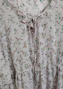 Floral Ruffle Trim Tie Neck Top