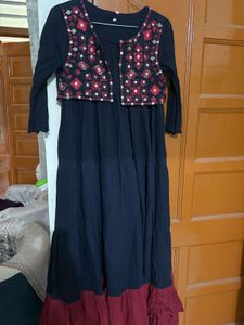 Elegant Navy Maxi Dress with Embroidered Jacket