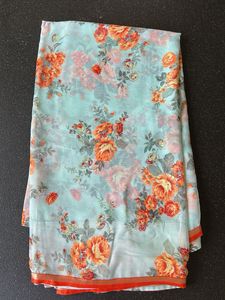 Light Blue Floral Print Saree no blouse