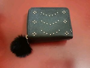 Black Studded Wallet with Pom-Pom
