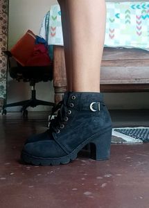 Chunky Black Lace-Up Heeled Boots